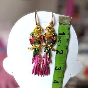 Parrot earrings, pink, yellow, green. Gold tone Hook style